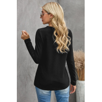 Black V-neck Button Solid Color Long Sleeve Top