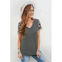 Floral Sleeves Striped T-shirt