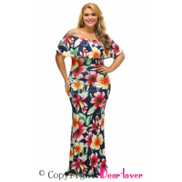 Navy Blue Roses Print Off-the-shoulder Maxi Dress