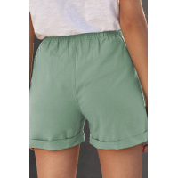 Green Elastic Waistband Pocket Drawstring Shorts with Button