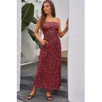 Red Bohemian Bandeau Floral Print Maxi Dress