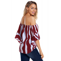 Off The Shoulder Vertical Stripes Blouse in Burgundy