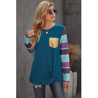 Blue Sequin Splicing Colorful Stripes Long Sleeve Top