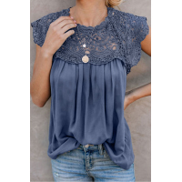 Blue Crochet Lace Trim Splicing Casual Blouse