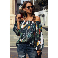 Green Leaves Print Elastic Neck Off Shoulder Top