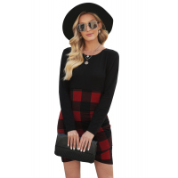 Red Plaid Splicing Ruched Black Long Sleeve Mini Dress