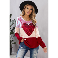 Red Heart Sequins Striped Long Sleeve Top