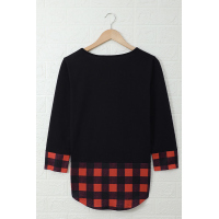 Christmas Letter Print Red Plaid Cuffs and Hem Long Sleeve Top