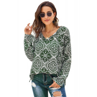 Green Long Sleeve V Neck Printed Chiffon Blouse