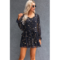 Shimmer Ruffle V Neck Stars Print Long Sleeve Casual Short Dress