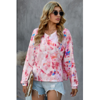 Pink Tie-dye V Neck Long Sleeve Top