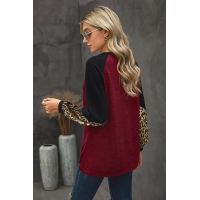 Wine Leopard Splicing High and Low Hem Lantern Sleeve Top with Slits