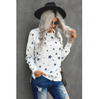 White Round Neck Star Print Long Sleeve Top