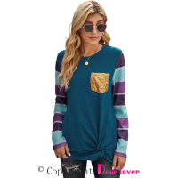 Blue Sequin Splicing Colorful Stripes Long Sleeve Top