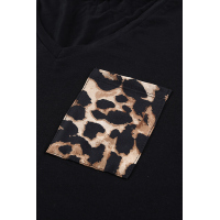 Leopard Print Splicing Black Cotton Mini Dress