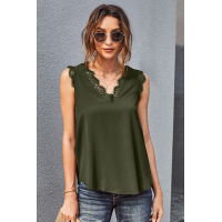 Green Sleeveless Eyelash Lace V Neck Tank Top