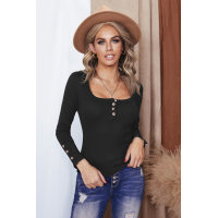 Black Scoop Neck Button Closure Ribbed Long Sleeve Top