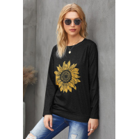 Sunflower Print Black Knit Top