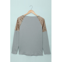 Gray Sequin Shoulder Long Sleeve Top