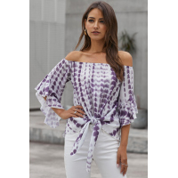 Purple Tie Dye Plaid Off Shoulder Blouse