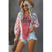 Pink Letter Print Cut-out Tie Dye Lantern Long Sleeve Top