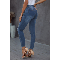 Blue Hollow Out Vintage Skinny Ripped Jeans