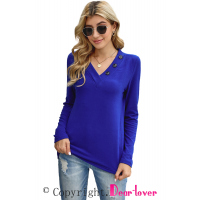 Blue V-neck Button Solid Color Long Sleeve Top