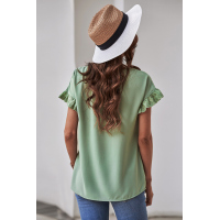 Green V Neck Ruffle Short Sleeve T-shirt