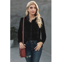 Black Retro Velvet Pocket Long Sleeve Shirt