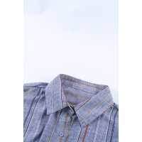 Blue V Neck Stripes Roll up Sleeve Button Shirt