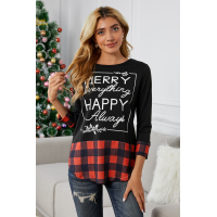 Christmas Letter Print Red Plaid Cuffs and Hem Long Sleeve Top