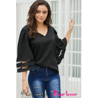 Black Flare Sleeve V Neck Loose Blouse