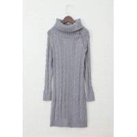 Asymmetric Buttoned Collar Grey Bodycon Sweater Dres