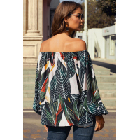 Green Leaves Print Elastic Neck Off Shoulder Top