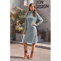 Gray Hand Knitted High Neck Sweater Dress