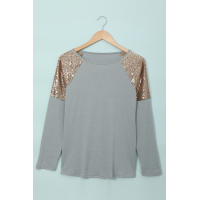 Gray Sequin Shoulder Long Sleeve Top