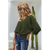 Army Green V Neck 3/4 Sleeve High Low Hem Shirt