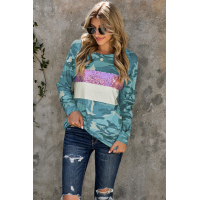 Camo Sequins Color Block Long Sleeve Top