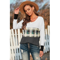 Green Plaid Color Block V Neck Long Sleeve Top