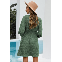 Green V Neck Balloon Sleeve Smocked Waist Printed Mini Dress