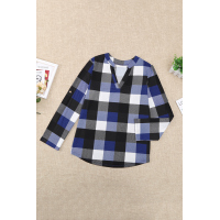 Blue Contrast Plaid V Neck Long Sleeve Top