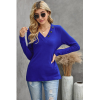 Blue V-neck Button Solid Color Long Sleeve Top