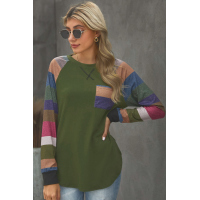 Green Color Block Striped Pocket Long Sleeve Top