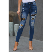 Patches Of Leopard Denim Distressed Jeans