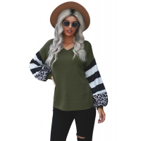 Green V Neck Leopard Stripe Splice Lantern Sleeve Top