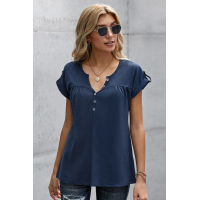 Blue Buttoned Detail Cotton Blend Short Sleeve T-shirt