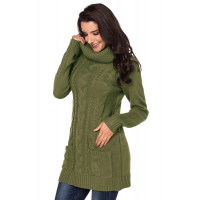 Olive Cowl Neck Cable Knit Sweater Dress