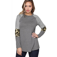 Gray Striped and Leopard Color Block Sleeves Top