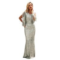 Silver Sequin Fringe Sleeve Prom Maxi Dress