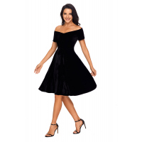 Black Velvet Off Shoulder Pleated Skater Dress